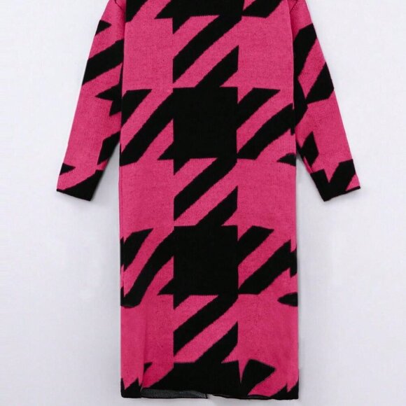 Hot Pink Casual Women's Colorblock Long Sleeve Knitted Cardigan - Picture 4 of 5